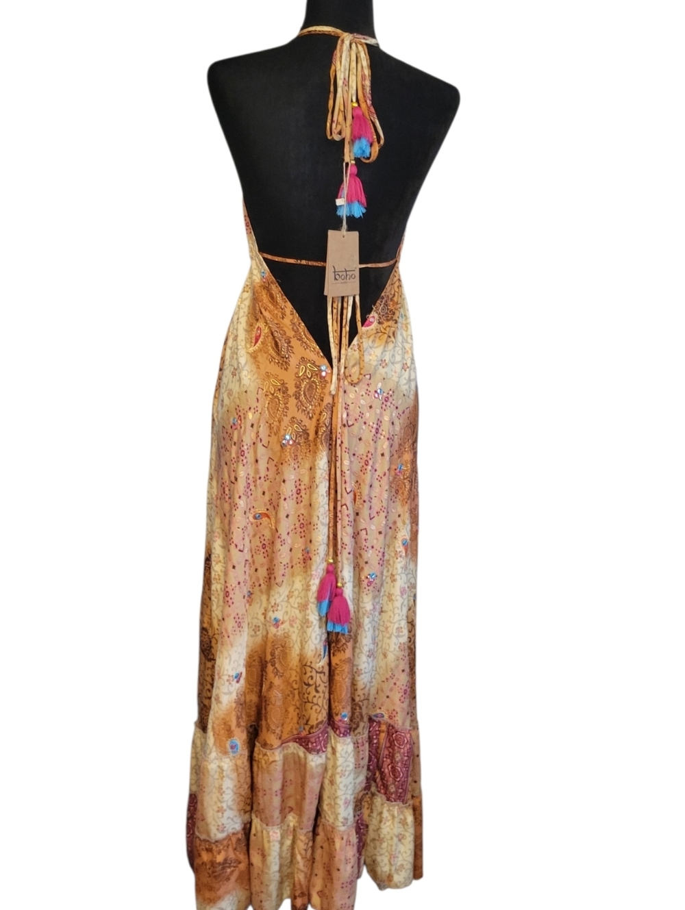 Boho Madrid Dress Backless Exotic Paisley Sparkles Ties & Tassles Flexible Fit - Picture 13 of 16